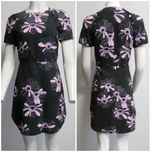 Giamba Floral Studded Grommet Mini Dress Short Sleeve Curves Hem Black Purple L - Picture 14 of 14